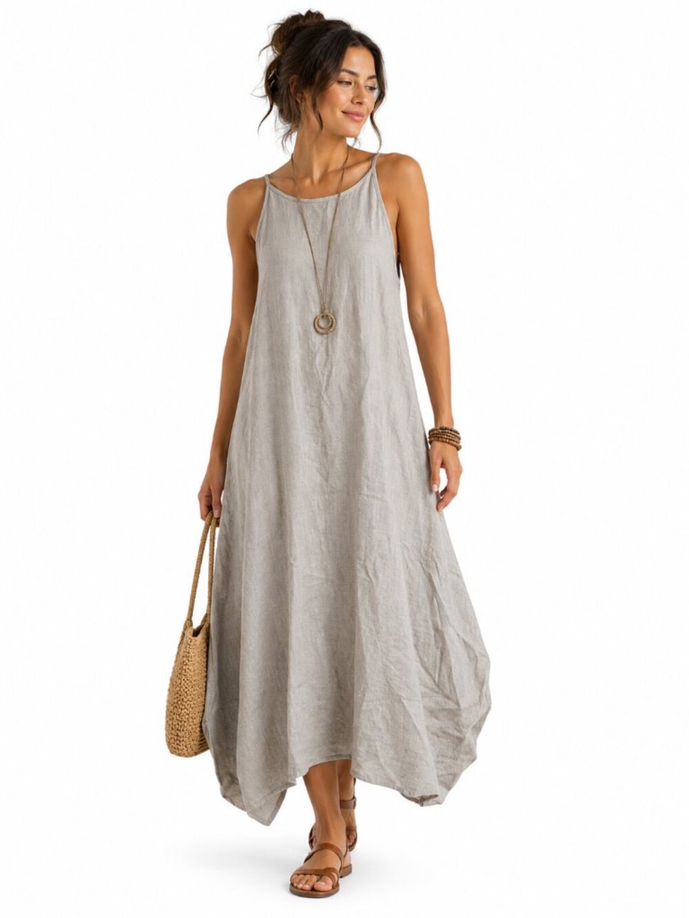 Laura Bianchi Linen Blend Midi Dress M Sleeveless Lagenlook Coastal Resort